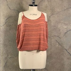 coral Blouse with beige lace